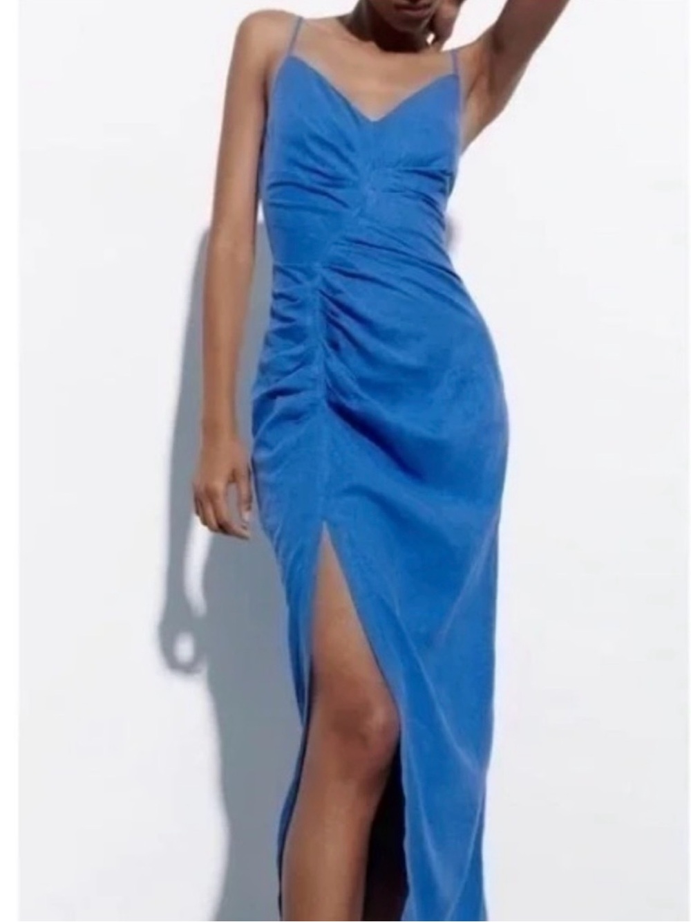 Zara Women's XS Cobalt Blue Ruched Midi Slip Dress Thigh Slit Linen Viscose HTF